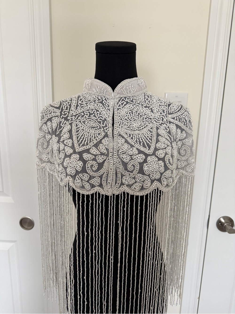 Handmade White Bridal Beaded Fringe Capelet Art Deco Evening Wrap | One Size